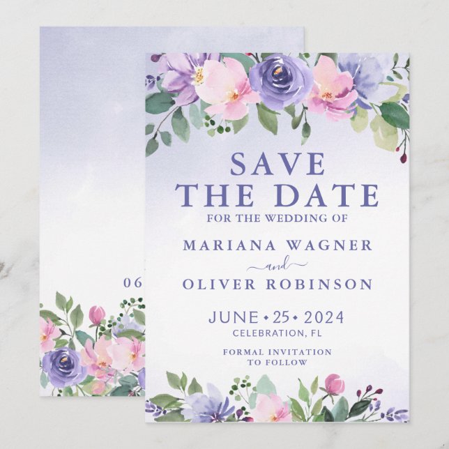 Purple Pink Floral Modern Save the Date Invitation (Front/Back)