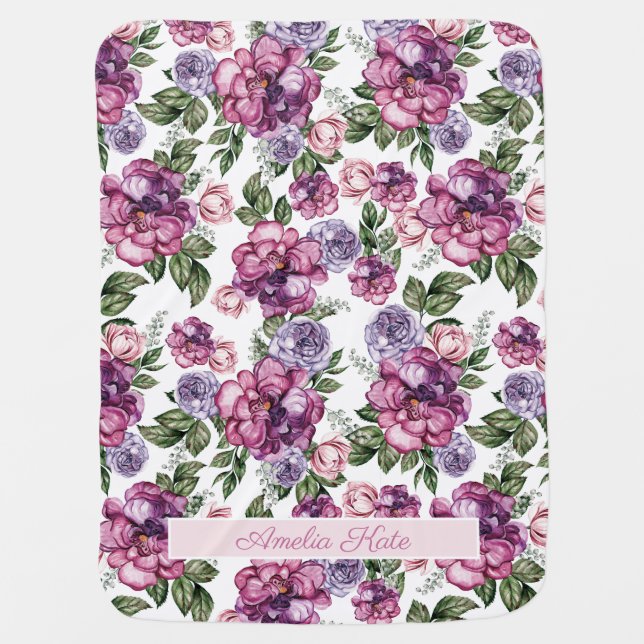 Purple Pink Floral Name Watercolor Baby Blanket (Front)