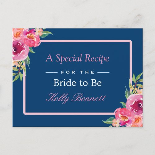 Purple Pink Floral Navy Blue Bridal Shower Recipe Postcard