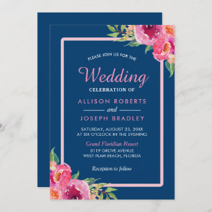 Purple Pink Floral Navy Blue Wedding Celebration Invitation