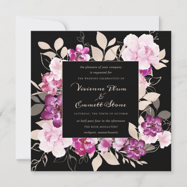 Purple Pink Floral on Black Background Wedding Invitation (Front)
