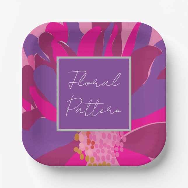 Purple Pink Floral Pattern Party Paper Plates (Front)