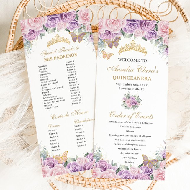 Purple Pink Floral Quinceañera Order of Events Program (purple lilac lavender and pale pink roses floral quinceanera order of events padrinos program cards)