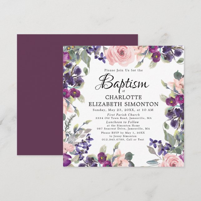 Purple Pink Floral Square Christening Invitation (Front/Back)