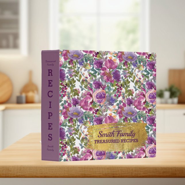 Purple Pink Floral Treasured Family Recipes 3 Ring Binder (Creator Uploaded)