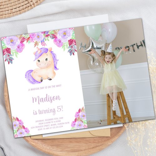 Purple pink Floral Unicorn Birthday photo Invitation