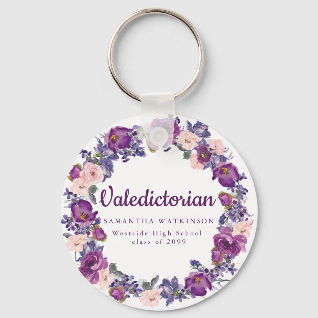 Purple & Pink Floral Valedictorian Graduation Gift Keychain (Front)