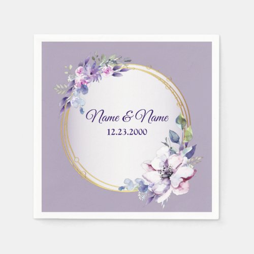 Purple Pink Floral Watercolor Gold Wedding Party  Napkins