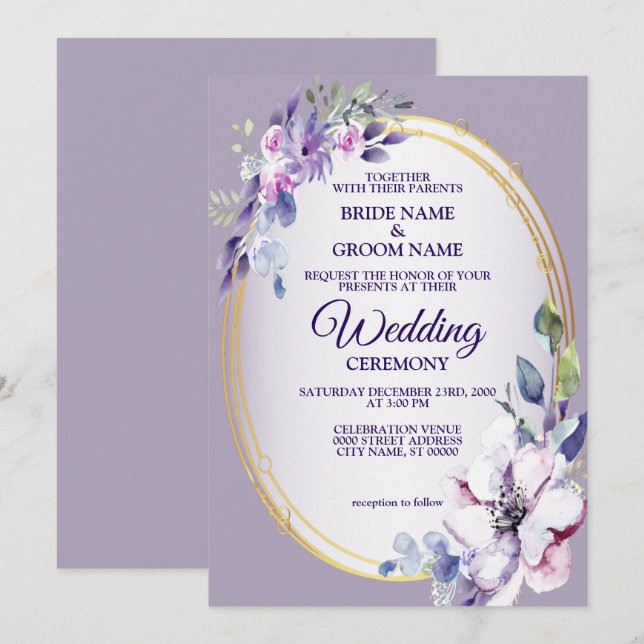 Purple Pink Floral Watercolor Golden Wedding Invitation (Front/Back)