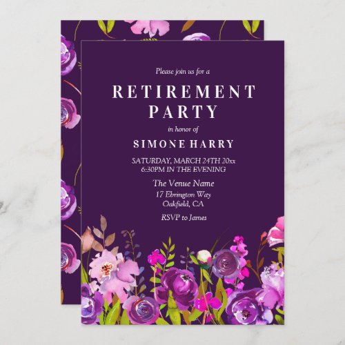 Purple Pink Floral Watercolor Retirement Party Invitation