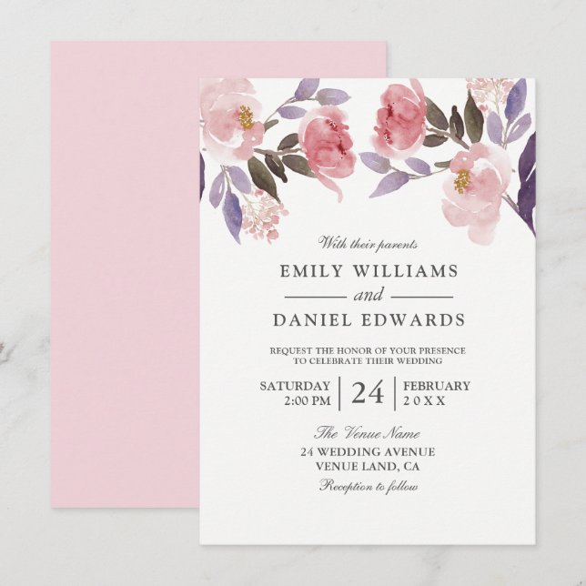 Purple Pink Floral Watercolor Wedding Invite (Front/Back)