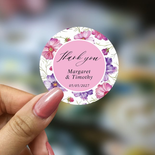  Purple Pink Floral Wedding  Classic Round Sticker (Creator Uploaded)