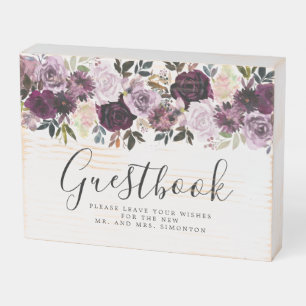 Purple Pink Floral Wedding Guestbook Wooden Box Sign