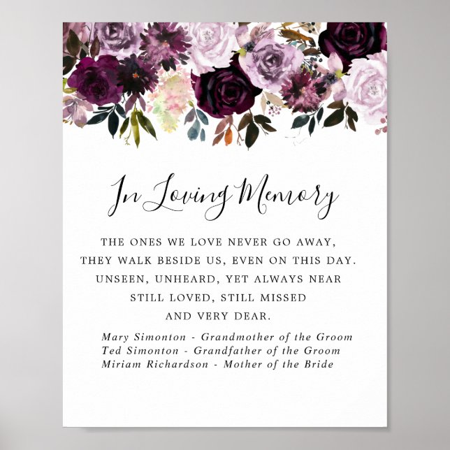 Purple Pink Floral Wedding Memorial Sign (Front)