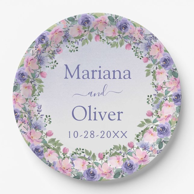 Purple Pink Floral Wedding Paper Plates (Front)