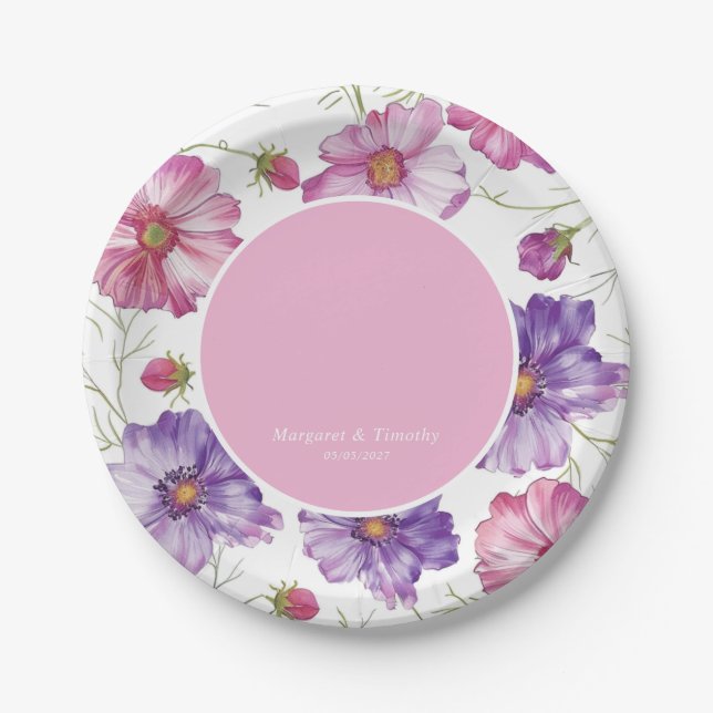  Purple Pink Floral Wedding  Paper Plates (Front)