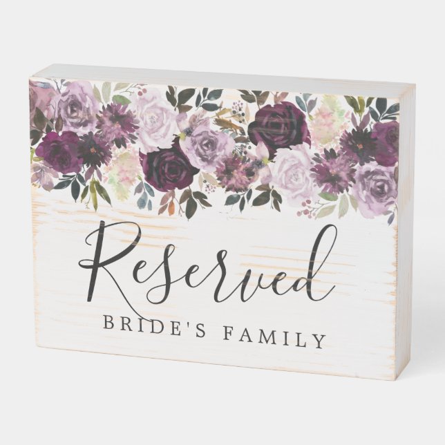 Purple Pink Floral Wedding Reserved Wooden Box Sign (Angled Horizontal)