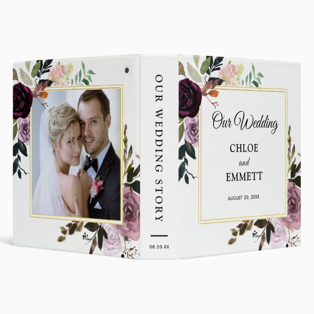 Purple Pink Floral with Photo Wedding Album 3 Ring Binder (Background)