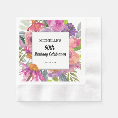 Purple Pink Floral Womens 90th Birthday Napkins