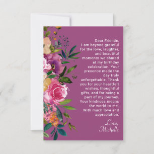 Purple Pink Floral Women's Birthday Thank You Card