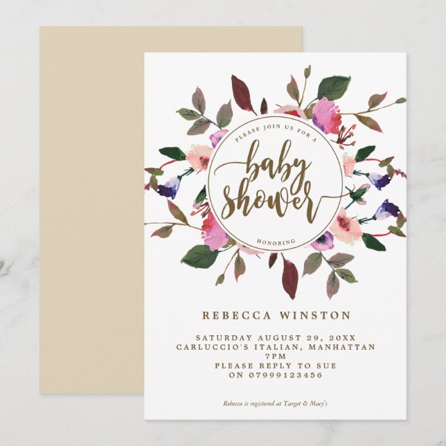 purple pink floral wreath baby shower invite (Front/Back)