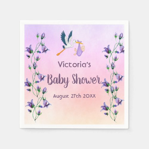 Purple pink florals stork girl baby shower napkins