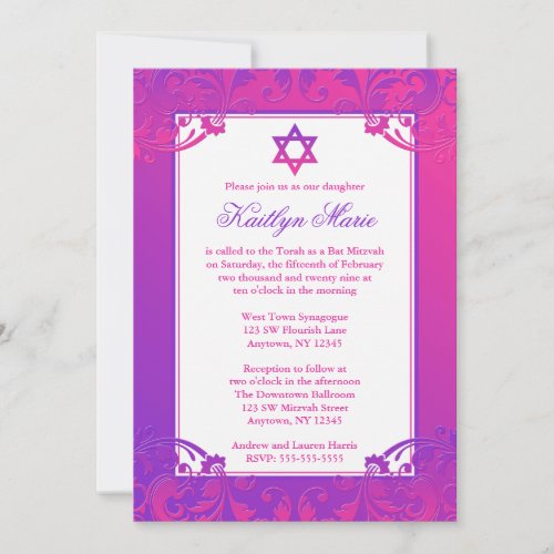 Purple Pink Flourish Bat Mitzvah Invitations