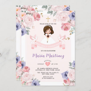 Purple & Pink Flower Girl 1st Holy Communion Invitation