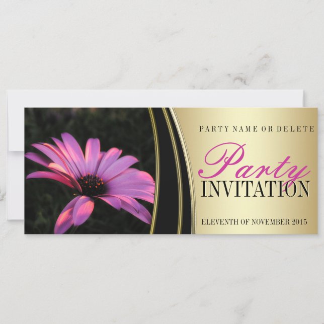 Purple Pink Flower & Satin Gold Party Invitations (Front)