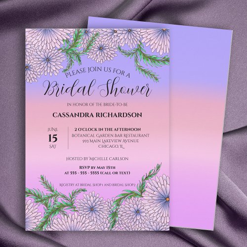 Purple Pink Flowers and Green Leaves Bridal Shower Invitation