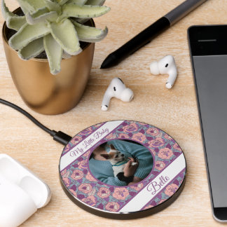 Purple Pink Flowers & banners with name/phrase Wireless Charger