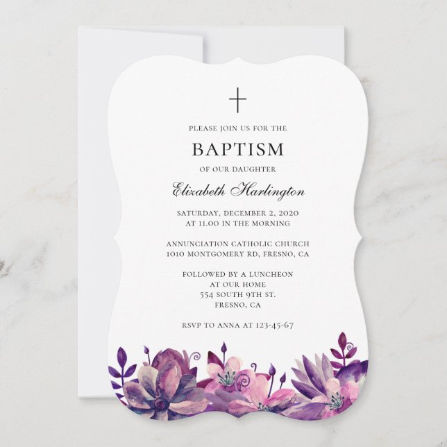 Purple pink flowers baptism invitation watercolor (Front)