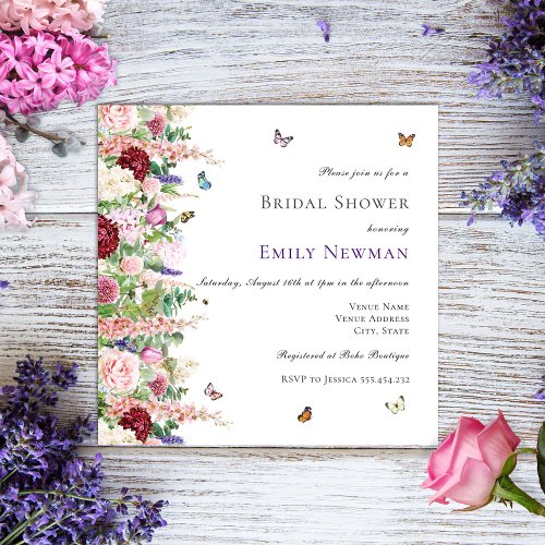 Purple Pink Flowers  Butterflies Bridal Shower Invitation
