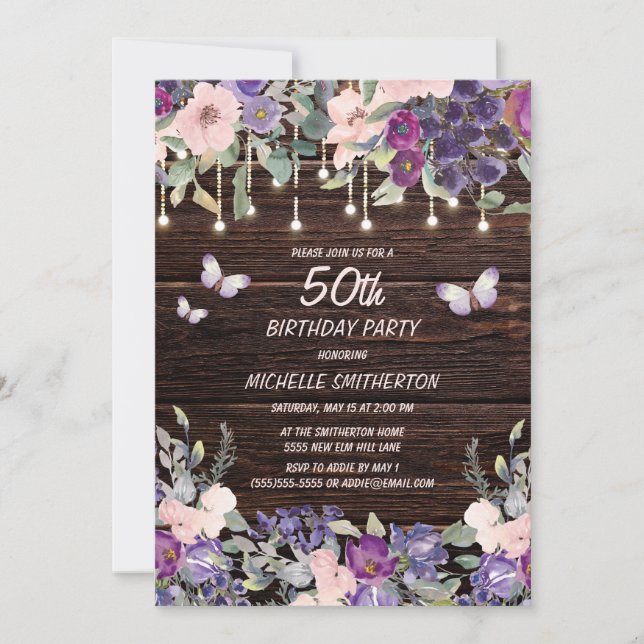 Purple Pink Flowers Butterflies Rustic Wood 50th  Invitation (Front)
