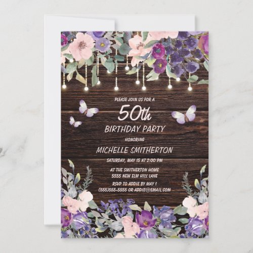 Purple Pink Flowers Butterflies Rustic Wood 50th  Invitation