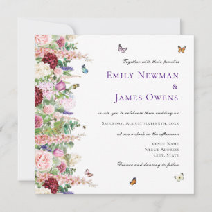 Purple Pink Flowers & Butterflies Square Wedding Invitation