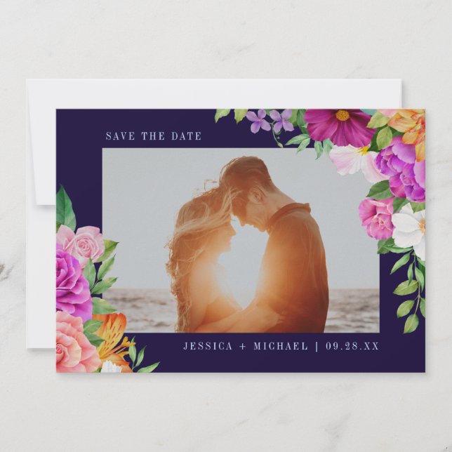 Purple Pink Flowers Dark Blue Botanical Wedding Save The Date (Front)
