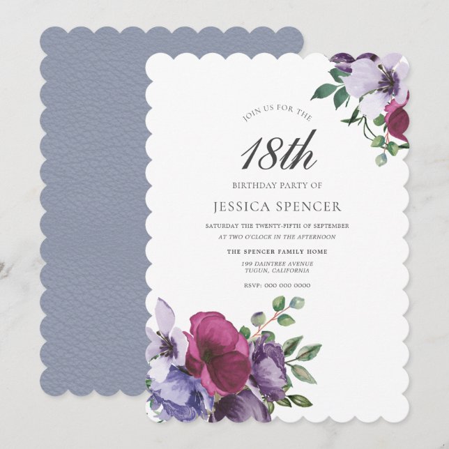 Purple Pink Flowers Girls 18th Birthday Party Invitation (Front/Back)