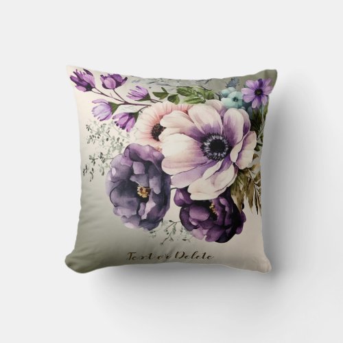 Purple Pink Flowers Golden Elegant Throw Pillow