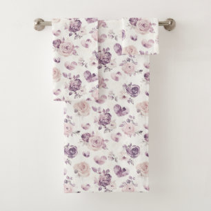 Purple Pink Flowers & Hearts Bath Towel Set