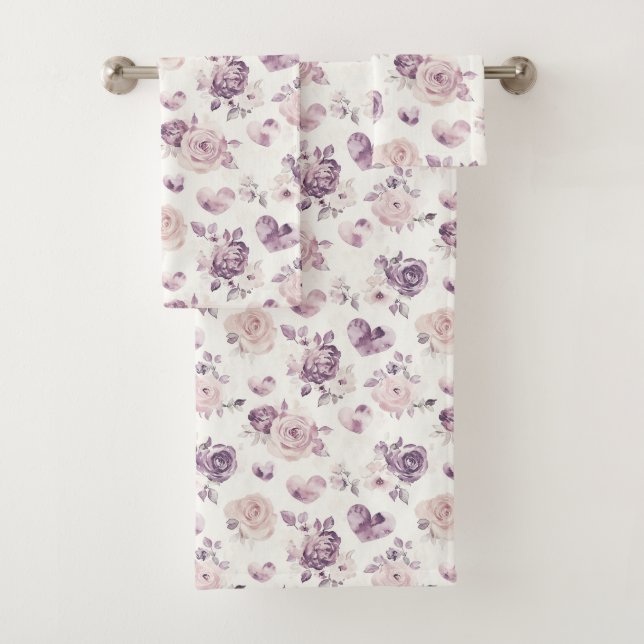 Purple Pink Flowers & Hearts   Bath Towel Set (Insitu)
