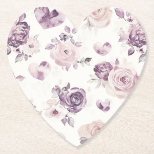 Purple Pink Flowers & Hearts Bridal Shower Paper Coaster