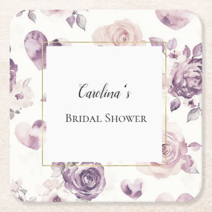 Purple Pink Flowers & Hearts Bridal Shower Square Paper Coaster