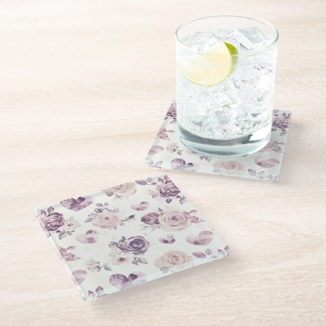 Purple Pink Flowers & Hearts Glass Coaster (Angled)