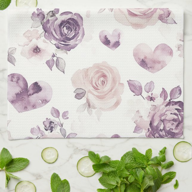 Purple Pink Flowers & Hearts   Kitchen Towel (Folded)