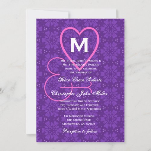 Purple Pink Flowers Hearts Monogram Wedding V033 Cards
