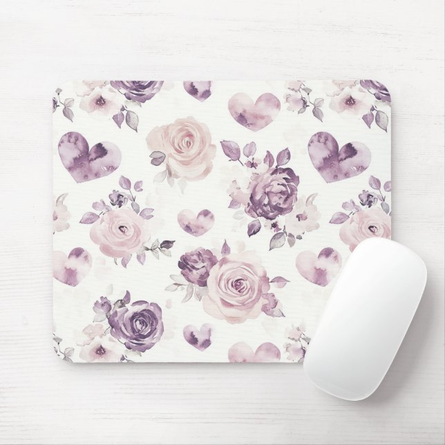 Purple Pink Flowers & Hearts Mouse Pad (With Mouse)