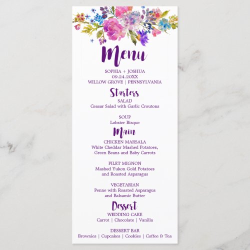 Purple & Pink Flowers Monogram Wedding Menu Card