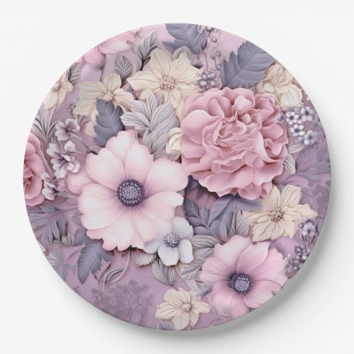 Purple Pink Flowers Paper Plate