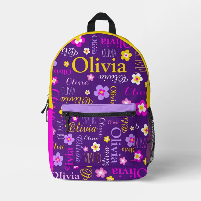 Purple pink flowers personalized name all over printed backpack (Front)
